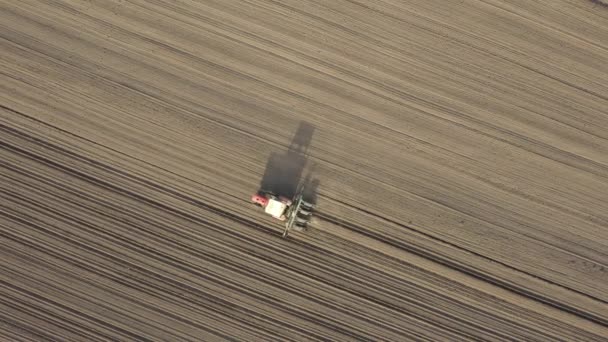 Top View Tractor Pulling Mechanical Seeder Machine Arable Field Soil — Stock Video