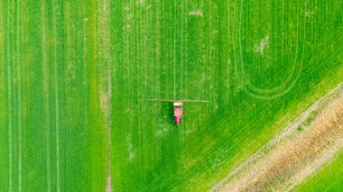 Üstten bakıldığında, traktörün yukarıdan görünüşü, tarlanın üzerine monte edilmiş taze yeşil buğday püskürten tarla püskürtücüsü gibi görünüyor..