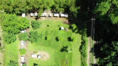 Arı yetiştiricisinin üstünde, bir sırada dizilmiş arı kovanları arasında çim biçme makinesi ile arı kolonisi kesiliyor.. 