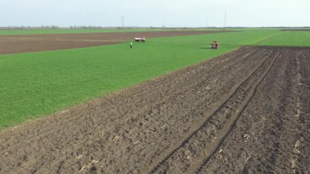Arriba Adelante Movimiento Muñeca Vista Tractor Como Arroja Fertilizando Tierras — Vídeos de Stock