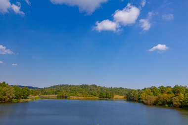 Beautiful scene of colorful forest on hilly landscape over lake.