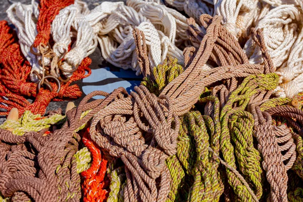 Close Shot Heap Braided Hemp Ropes Made Sale Outdoor Flea — Stock Photo, Image