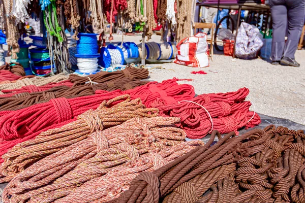 Close Shot Heap Braided Hemp Ropes Made Sale Outdoor Flea — Fotografia de Stock