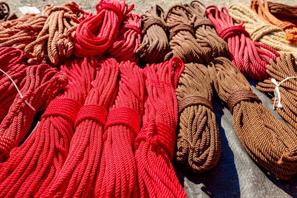 Close Shot Heap Braided Hemp Ropes Made Sale Outdoor Flea — Fotografia de Stock