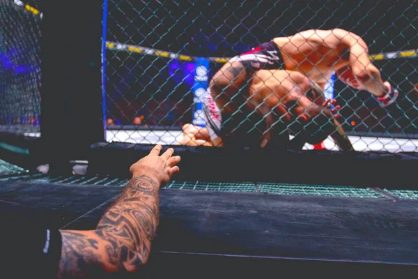 Dövmeli Antrenör Elleri Dövüşçüleri Destekliyor Sekizgen Kattaki Ringde Dövüşüyorlar — Stok fotoğraf