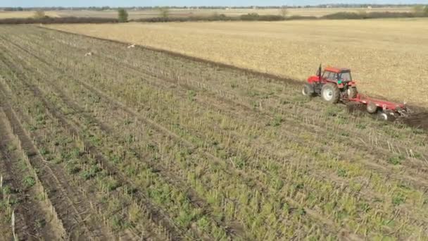 Dolly Move Shot Tractor Dragging Disc Harrow Harrowing Arable Field — Stock Video