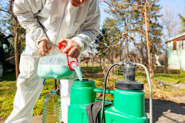 Çiftçi, meyve ağaçlarını mantar veya haşarat hastalıklarından korumak için meyve suyu püskürtmek için plastik sırt çantasındaki böcek ilacının su ve botanik çözeltilerini hazırlıyor..
