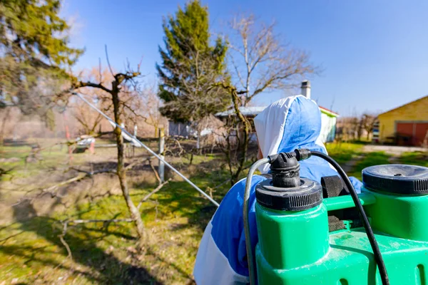 Baharın ilk zamanlarında meyve ağaçlarını mantar hastalığından ya da haşaratlardan korumak için meyve suyu sıkan koruyucu elbiseli çiftçiyi arkadan vurdular..