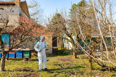 Koruyucu giysiler içindeki çiftçi meyve ağaçlarına uzun spreyler sıkarak onları mantar hastalıklarından ya da parazitlerden korur. İlkbaharın başlarında, arı kolonisi yakınlarında, arı kolonisi yakınlarında..