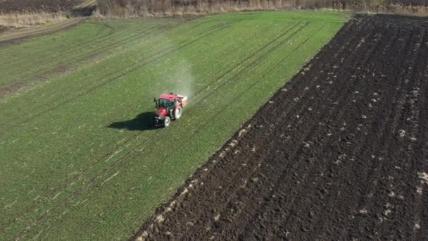 上の図では 小さな動きは スローとしてトラクターに 若い緑の小麦の作物と耕地を肥料 人工肥料を広めるためにマウント農業機械をドラッグ — ストック動画