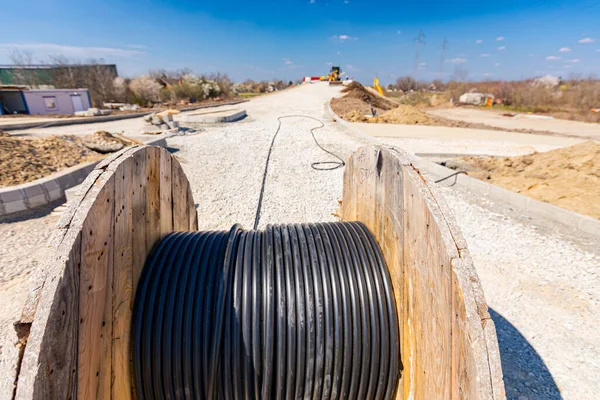 Reel Cable Spool Wooden Axle Building Site — Zdjęcie stockowe