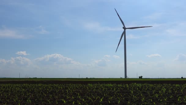 Nízký Úhel Pohledu Velkou Větrnou Turbínu Jako Stojící Zemědělském Poli — Stock video