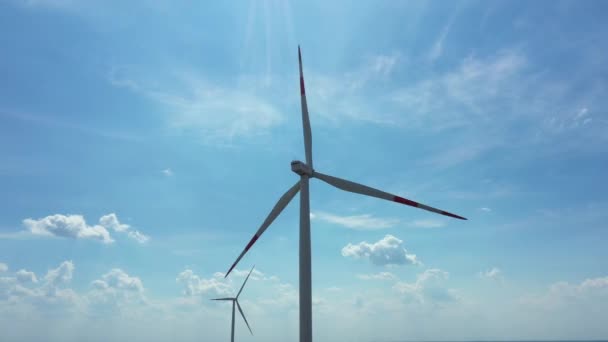 Dolly Move Low Angle View Wind Generator Turbines Rotating Blades — Video
