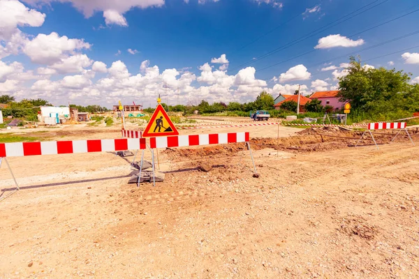 Work Progress Triangle Sign Boundary Caution Symbol Trench Construction Site — Stock Photo, Image