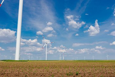 Birkaç büyük rüzgar enerjisi türbininin çiftliği tarım alanlarının arasında duruyor ve temiz yenilenebilir elektrik enerjisi üretiyorlar.