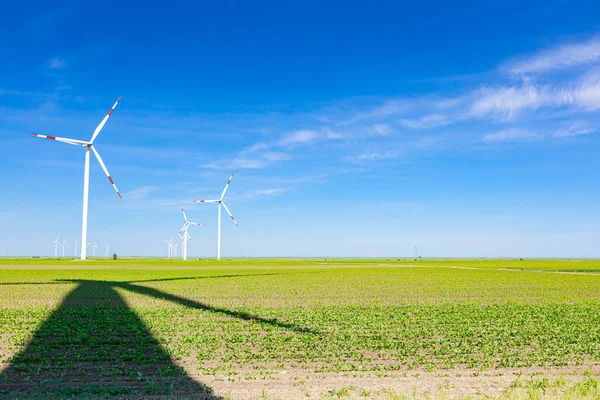 Long shadow under wind generator, turbines, with rotating blades, propellers, renewable clean energy converting kinetic energy.