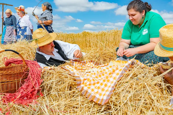 Muzlja Vojvodina Service 2021年7月3日 Xxxviii伝統的に小麦の収穫 年配の男性と若い女性は 古い時代のように レトロなスタイルで朝食を取っています — ストック写真