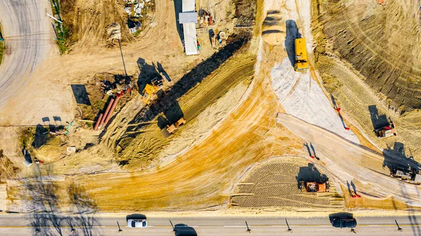 Top View Active Traffic Building Site Workers Mechanization Roundabout Construction — Stockfoto