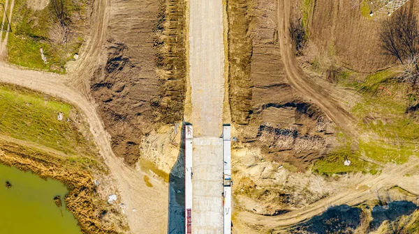 Top View Gravel Fraction Base New Road Construction Beginning Bridge — Stockfoto