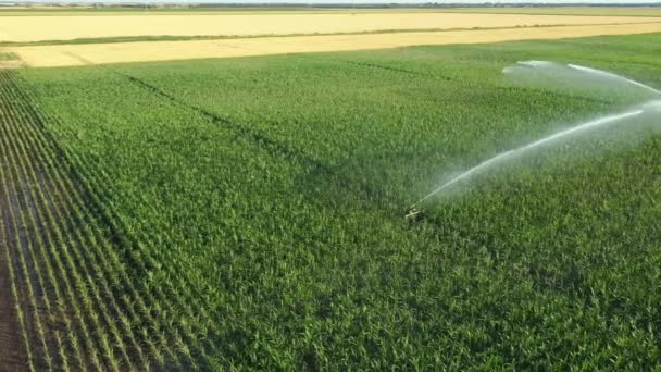 Aerial View Dolly Move Irrigation System Water Jet Rain Guns — Vídeos de Stock