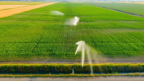 Aerial View Irrigation System Canal Water Jet Rain Guns Sprinklers — Fotografia de Stock