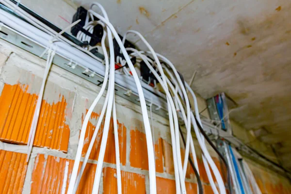 Cables Hanging Ceiling Building Construction Work Progress Placement Electrical Wires — Stock Photo, Image