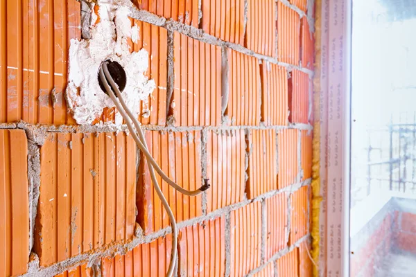 Exposed One Electrical Socket Top Cover Removed Installation Wiring Wall — Stock Photo, Image