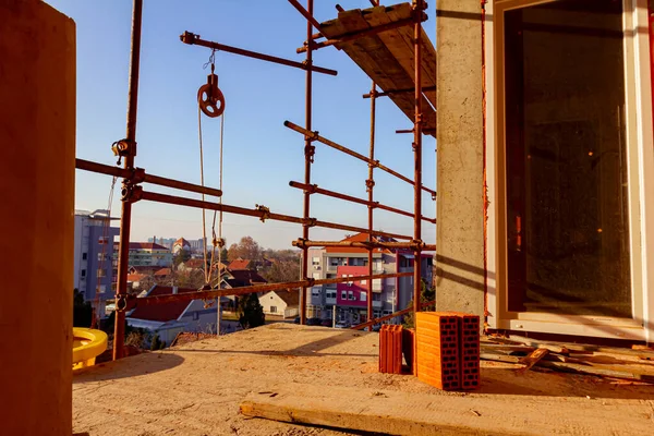 View Sliding Door Unfinished Concrete Balcony Few Blocks Building Construction — Stock Photo, Image