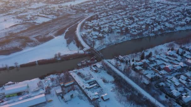 Aerial View Dolly Move Forward Downward Barge Crane Bridge Reconstruction — Stock Video