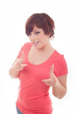 mutlu bir kadın parmağıyla yukarıyı