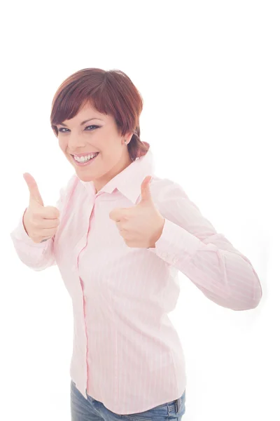 Happy smiling businesswoman with thumbs up — Stok fotoğraf