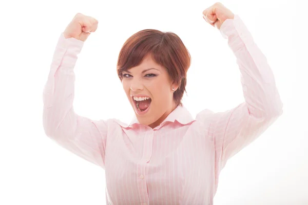 Glücklich lächelnde Geschäftsfrau mit erhobenem Daumen lizenzfreie Stockbilder
