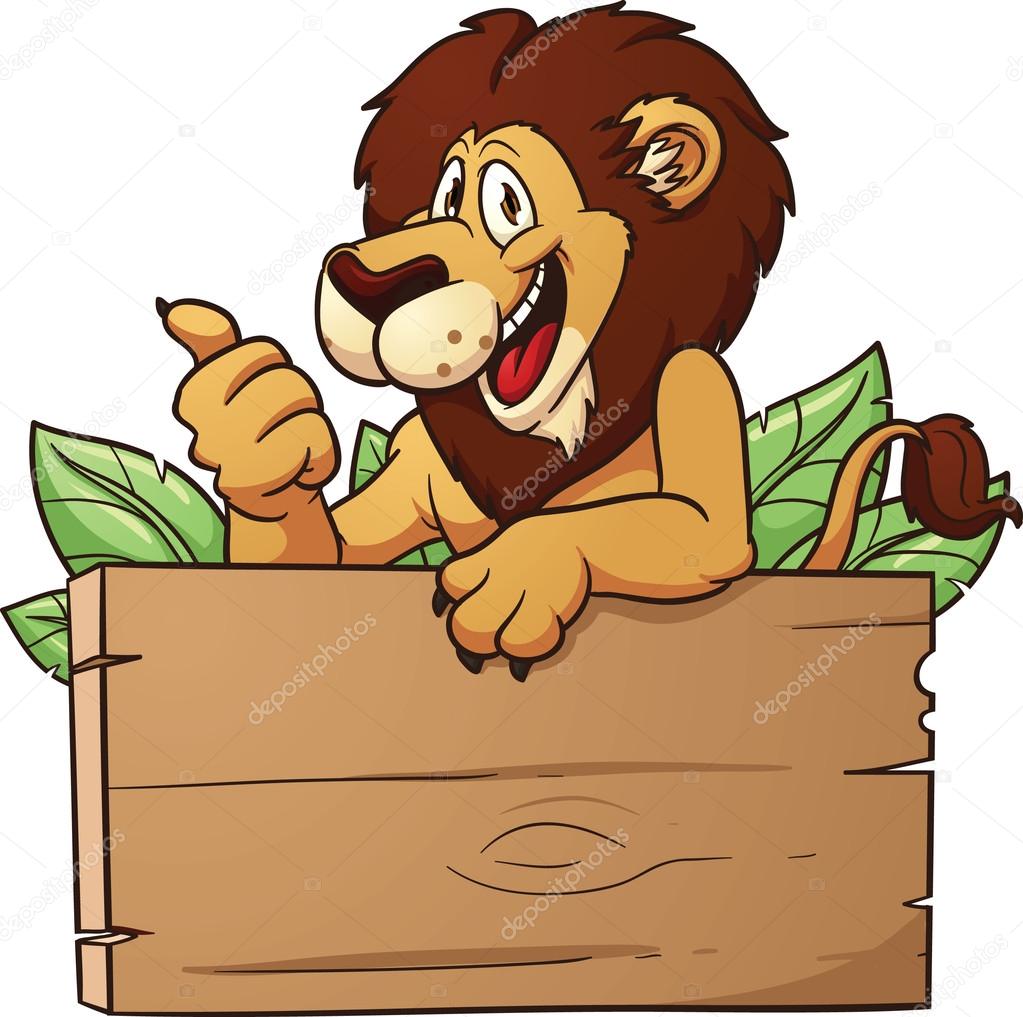 Cartoon lion with wooden sign