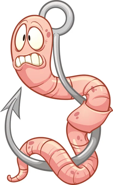 Cartoon worm on a fishing hook — Stock Vector