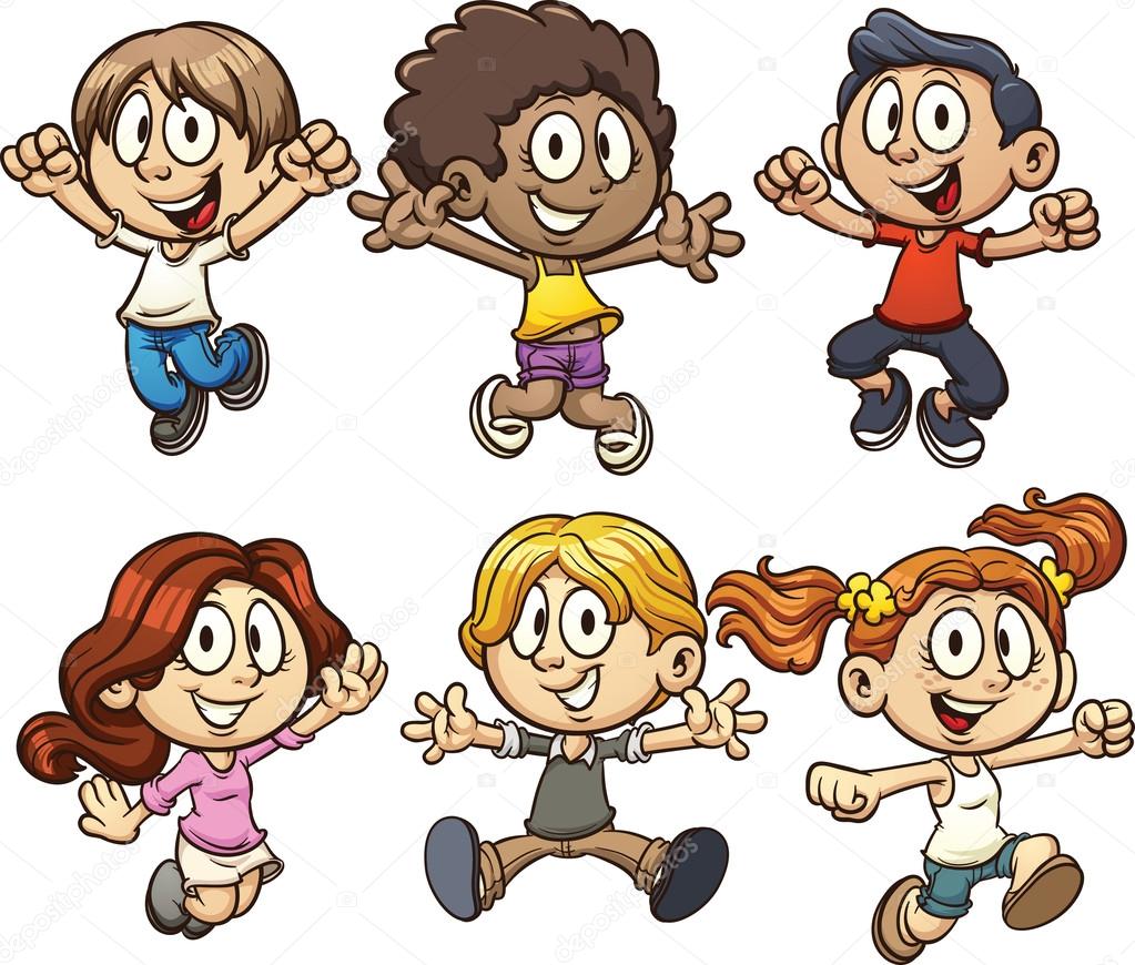 Excited cartoon kids jumping