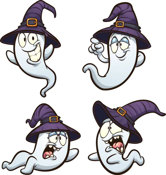 Fantasmas Halloween Con Sombreros Bruja Púrpura Ilustración Clip Vectorial Con — Vector de stock