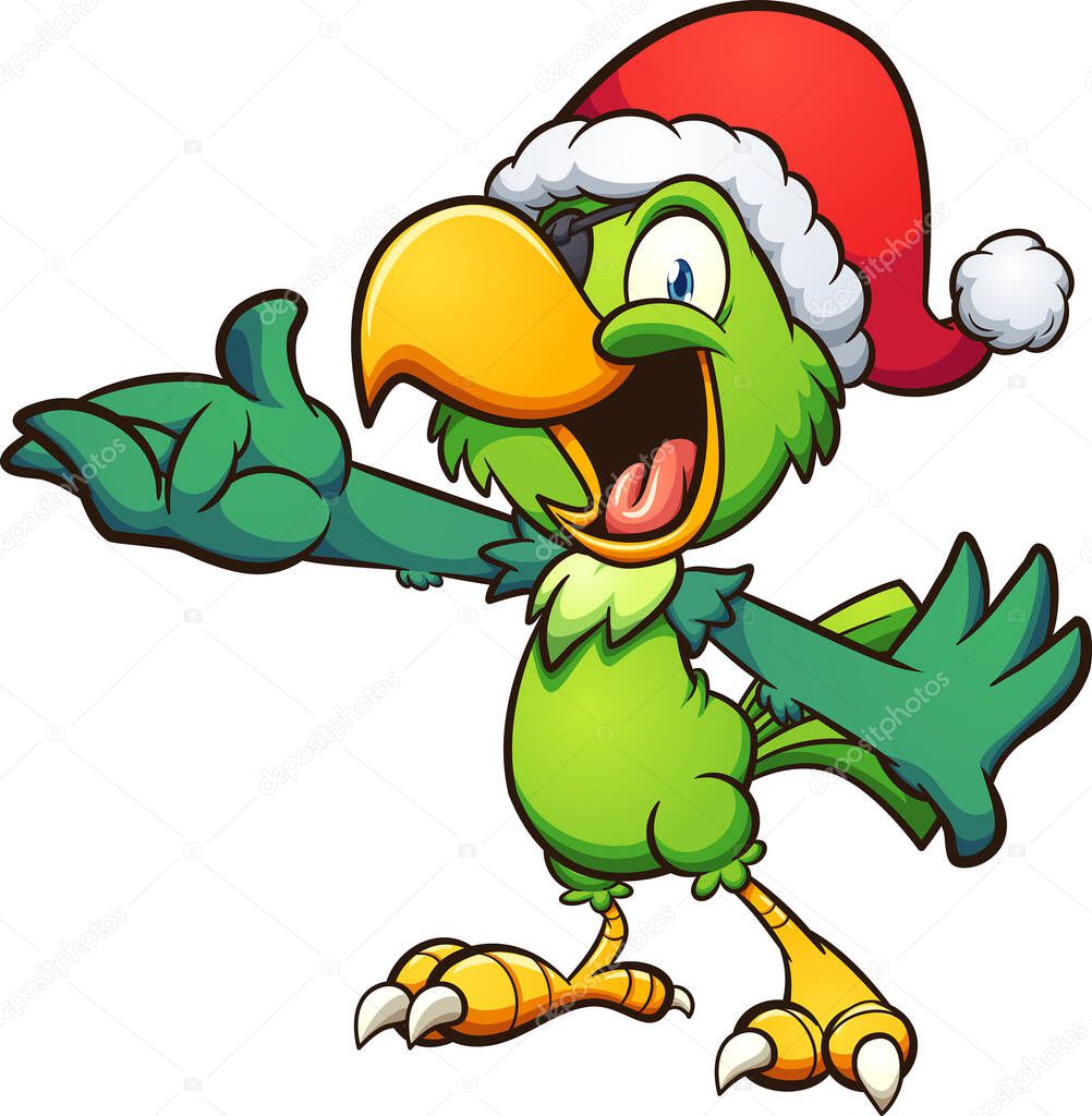 Christmas green parrot with eye patch and Santa Hat. Vector clip art illustration with simple gradients. All on a single layer