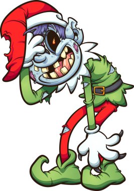 Şeytani gülüşlü Noel zombisi elfi. Basit gradyanlı vektör klipsi çizimi. Hepsi tek bir katmanda.