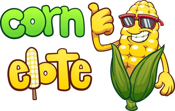 Cool Corn Character Text English Spanish Vector Clip Art Illustration — Stock Vector