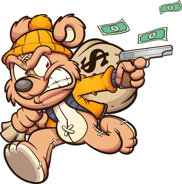Teddy Bear Stealing Big Bag Money Vector Illustration Simple Gradients —  Vetores de Stock
