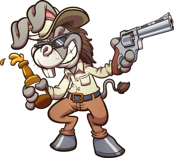 Drunk Cartoon Cowboy Donkey Holding Beer Gun Vector Illustration Simple — Stock Vector