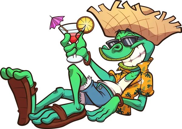 Dessin Animé Iguane Vacances Relaxant Avec Boisson Tropicale Illustration Clip — Image vectorielle