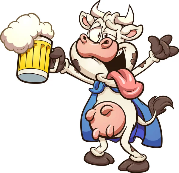 Super Vaca Bêbada Dos Desenhos Animados Segurando Uma Cerveja Vector — Vetor de Stock