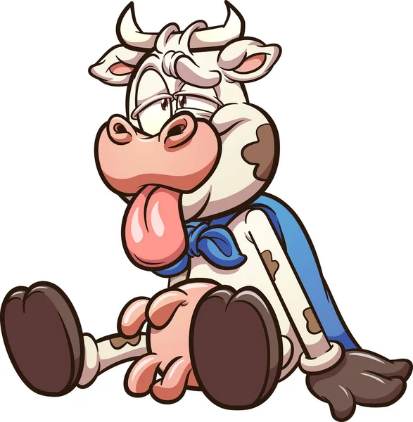 Super Vache Assise Visage Fatigué Illustration Vectorielle Avec Des Dégradés — Image vectorielle