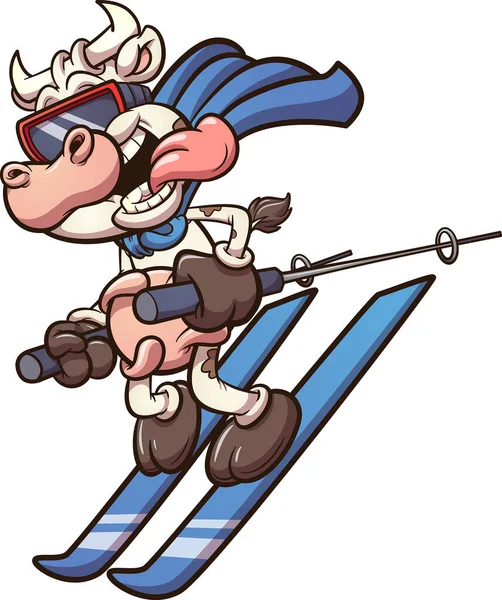 Cartoon Skiing Super Cow Tongue Out Vector Clip Art Illustration — Stock Vector