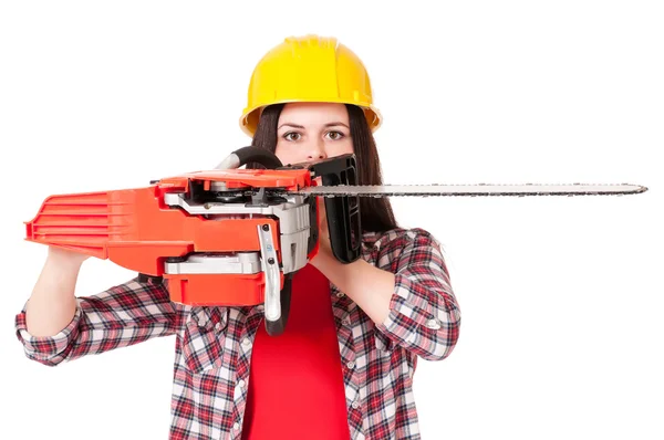 Meisje met chainsaw — Stockfoto