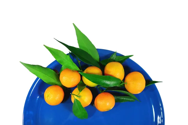 Mandarinas en una placa azul oscuro - fondo blanco objeto aislado — Foto de Stock