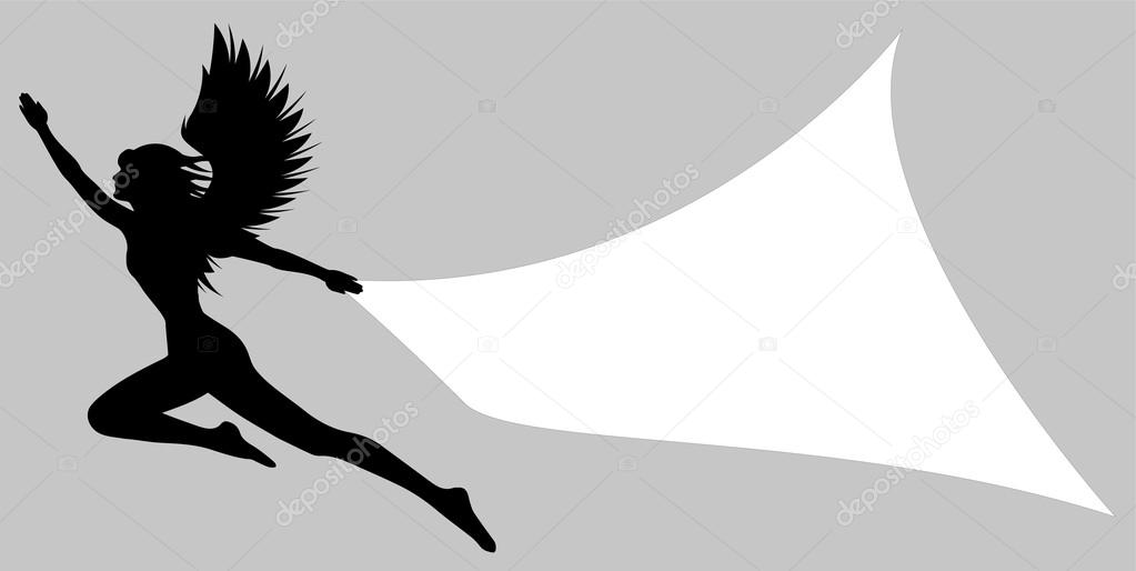 Silhouette of woman with wings That holds a banner