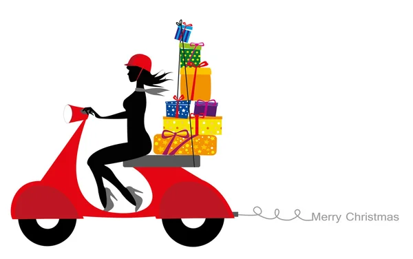 Motocicleta llevando regalos — Vector de stock