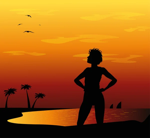 Sur la plage au coucher du soleil — Image vectorielle